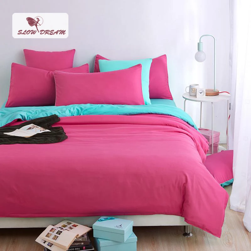 

SlowDream Bedding Set Solid Color Pink Blue Bedspread Bed Flat Sheet Pillowcase Bed Linen Japan Style Duvet Cover Set Double Bed