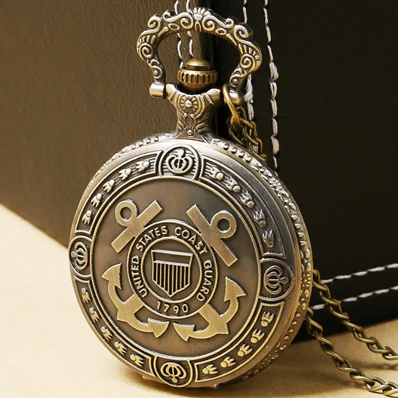 

1790 Retro Vintage Bronze United States Coast Guard Theme Bronze Quartz Pocket Watch With Necklace Chain Gift for Men Women