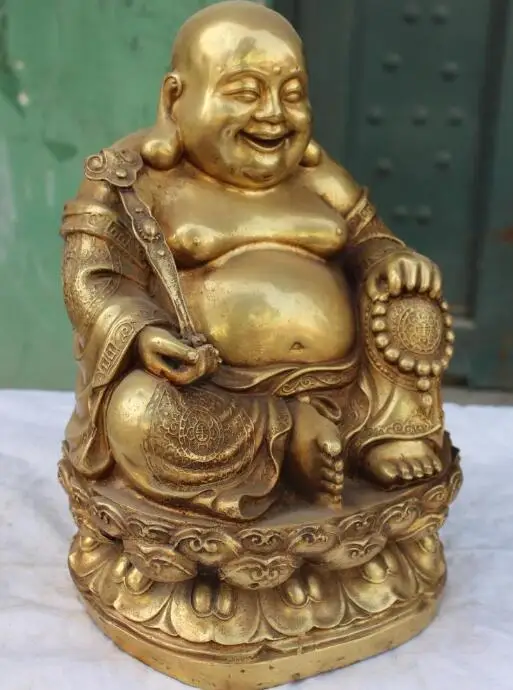 

S2184 14" Chinese Bronze Gilt Happy Laugh Buddha On Lianhua Ruyi Statue