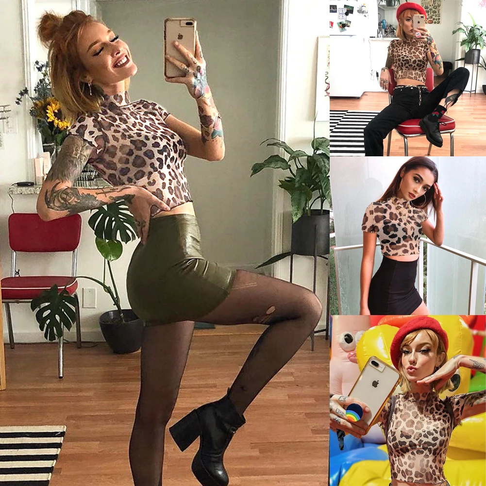 

2019 Summer Mesh Short Tops Women See Through Leopard Print Tee Shirt Ladies Sexy Club Cropped Tops T-Shirts Tees Shirts