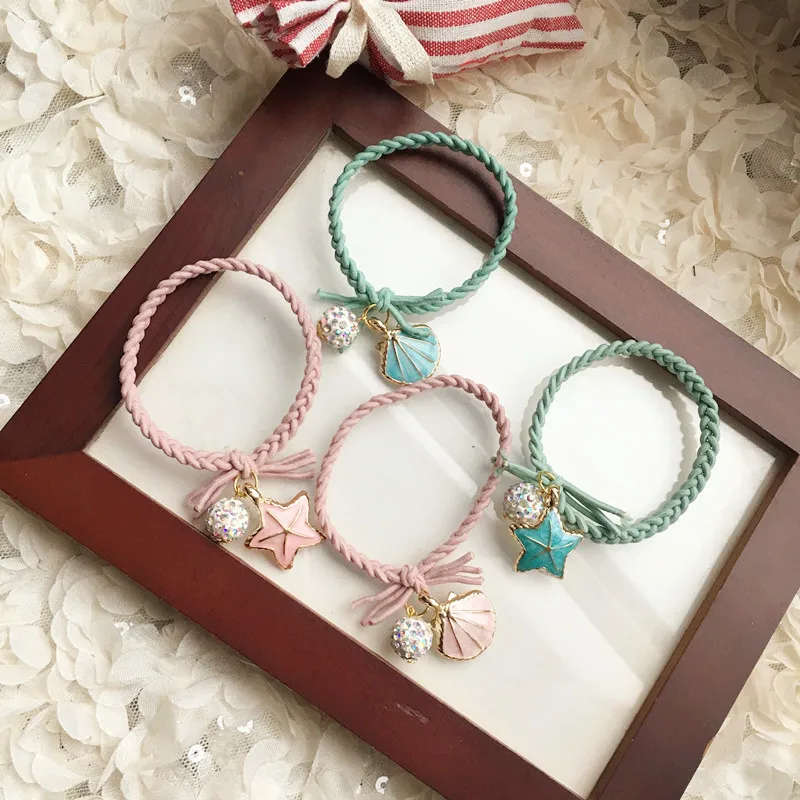 

2/4pcs Korean spring new hair rope full diamond beads pearl shell starfish hair ring simple headband gum for girls hair ornament