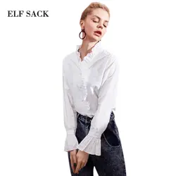 Эльф SACK стильный Для женщин Твердые Блузки тягучий кромки Для женщин с длинным рукавом Основные ПР Белые блузы женские Pintuck блузка Рубашки
