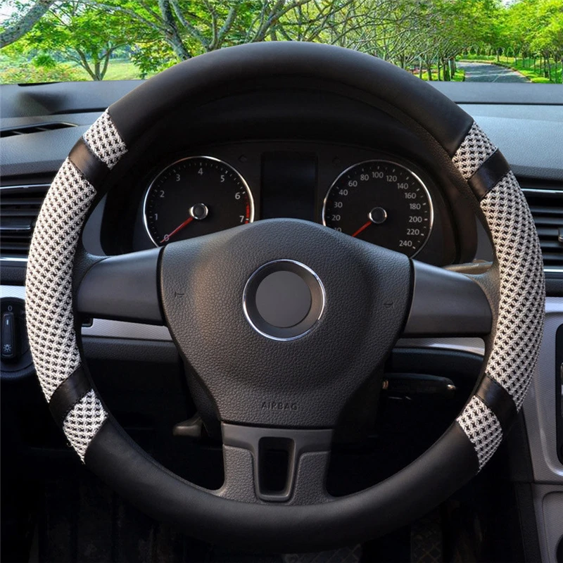 Ice Silk Steering Wheel Cover Cooling 15'' Gray Microfiber Leather Car