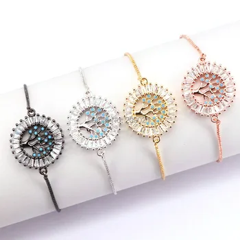 

10Pcs High Quality Micro Pave Blue Zirconia Crystal Round Tree of Life Connector Bracelets for Women Adjustable Size