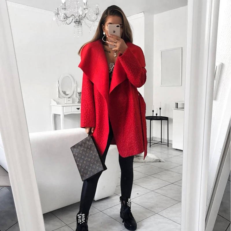 Peacoat Long Coat Women Cashmere Solid Tun Down Sash Ladies Coats Winter Jacket Casual Wool Blend Coat casaco feminino 2018