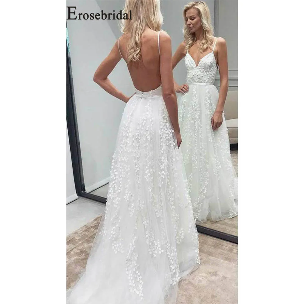 

Erosebridal New Lace Wedding Dresses 2019 Spaghetti Straps Wedding Gowns V-Neck Women Bridal Dress Vestido De Noiva Open Back