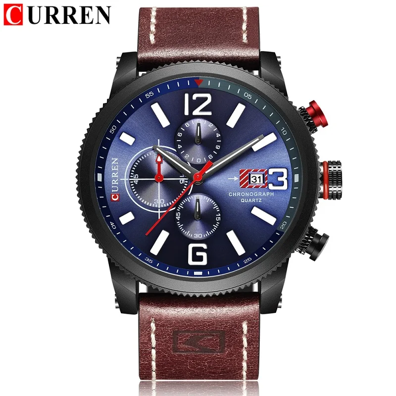 Модные мужские спортивные кожаные часы с хронографом CURREN повседневные Кварцевые водонепроницаемые наручные часы с календарем Relogio Masculino - Цвет: brown black blue