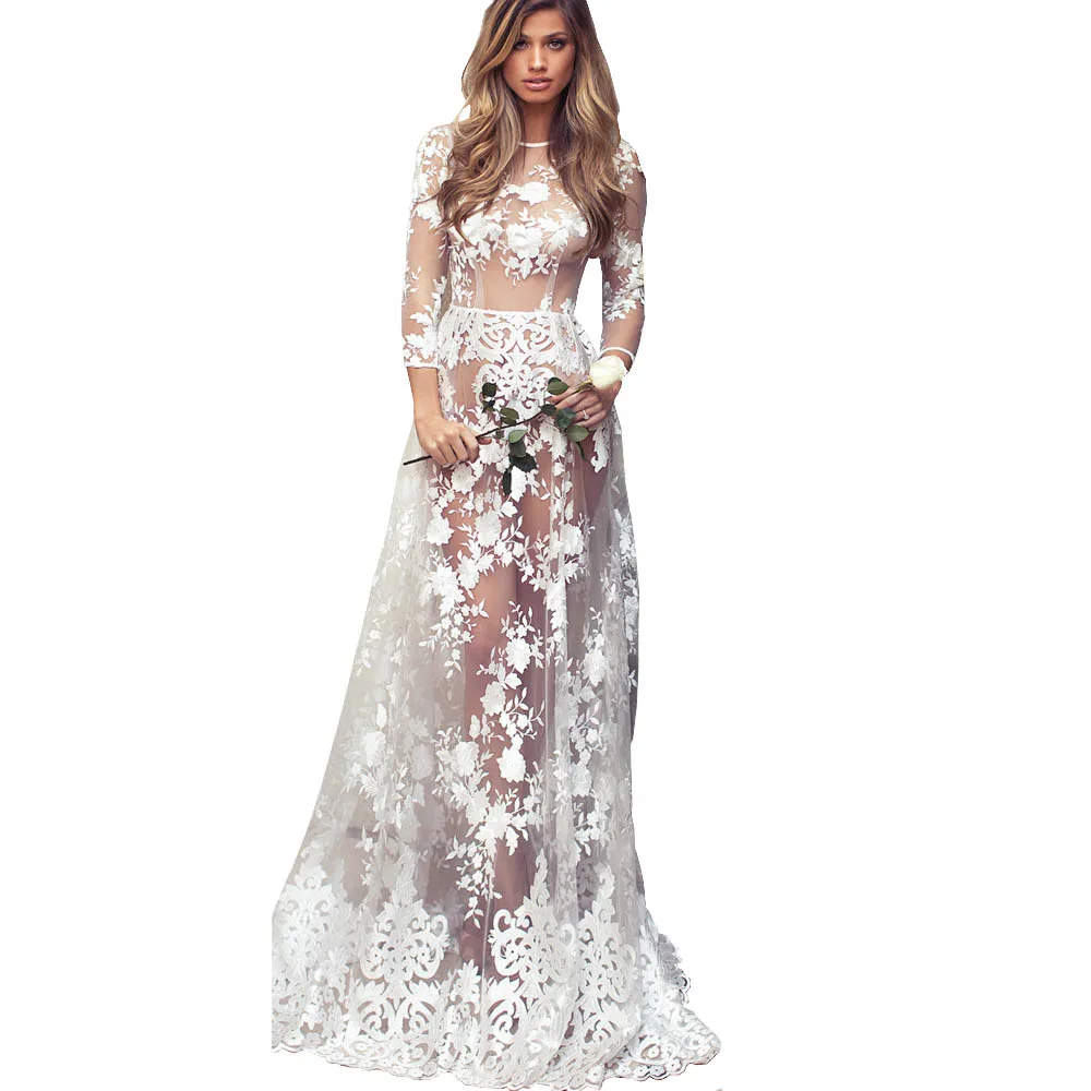 New 2017 Runway Designer See Through Dress For Party Women's Long Sleeve Tunic Sexy Floor Length White Lace Dress Gown Club Wear long-white-lace-dress