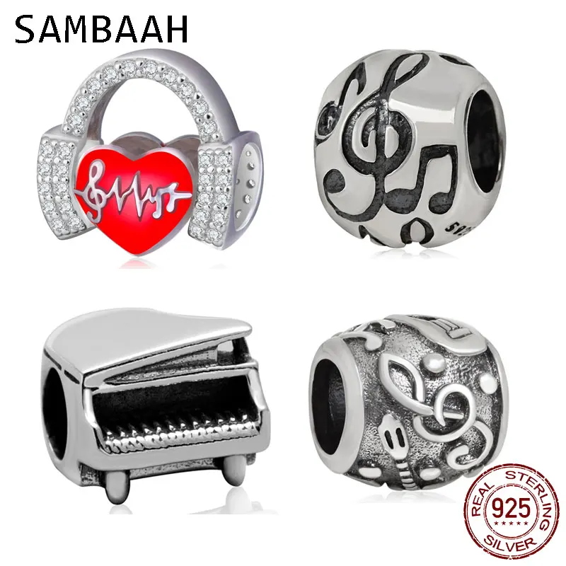Sambaah Love Music Heartbeats Charm with CZ Stone 925 Sterling Silver Headphone Beads Fit Original Musical Note Bracelet | Украшения и