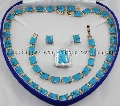 

free shipping>>> A43TG shipping Blue Turquoise Link Bracelet/ Earrings /Ring / Necklace Jewelry Set (A0425)