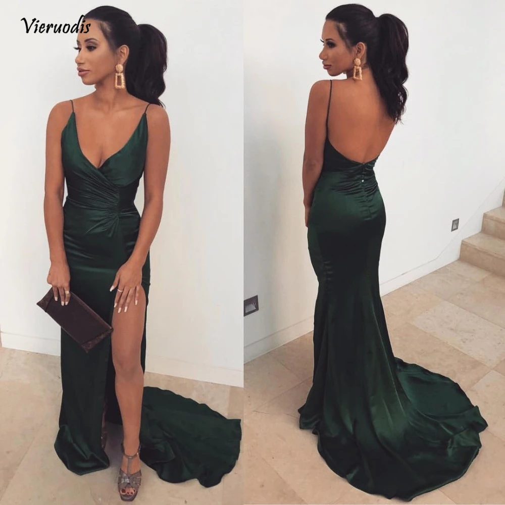 

Sexy Slit Deep V Neck Mermaid Green Prom Dresses 2019 Backless Spaghetti Straps Bridesmaid Dresses Long Wedding Party Gowns