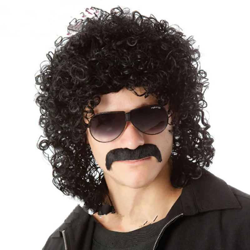 

Hot Sell Fashion Puffy ManCurly Middle Length Black Wig Cosplay Party Full Lace Synthetic / Fake Hair