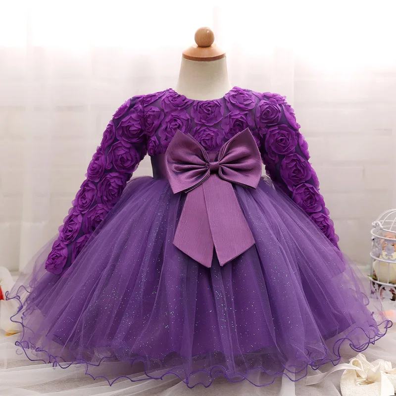 Baby Girls Rosette Flower Dress Long Sleeve Dresses Baptism Wedding