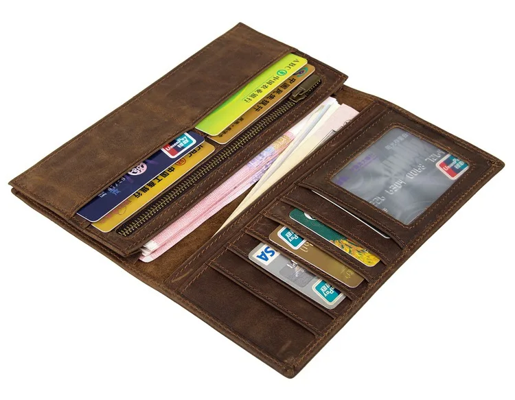 High Quality Vintage Long Size Brown 100 Crazy Horse Cowhide Genuine Leather Men Wallets Purse Male