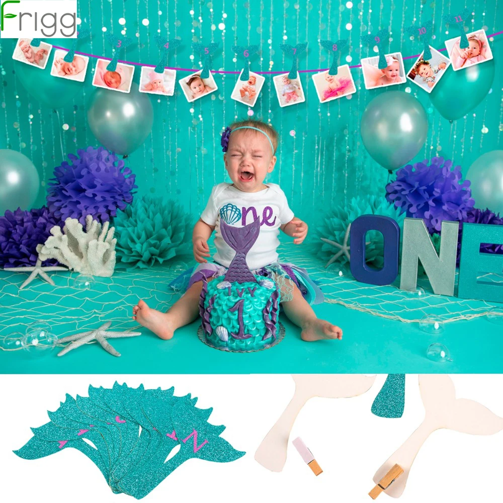 

Frigg 13pcs Mermaid Tail Banner Mermaid Photo Frame Flag Banner 1st Birthday Party Decor Baby Shower One Year Birthday Girl