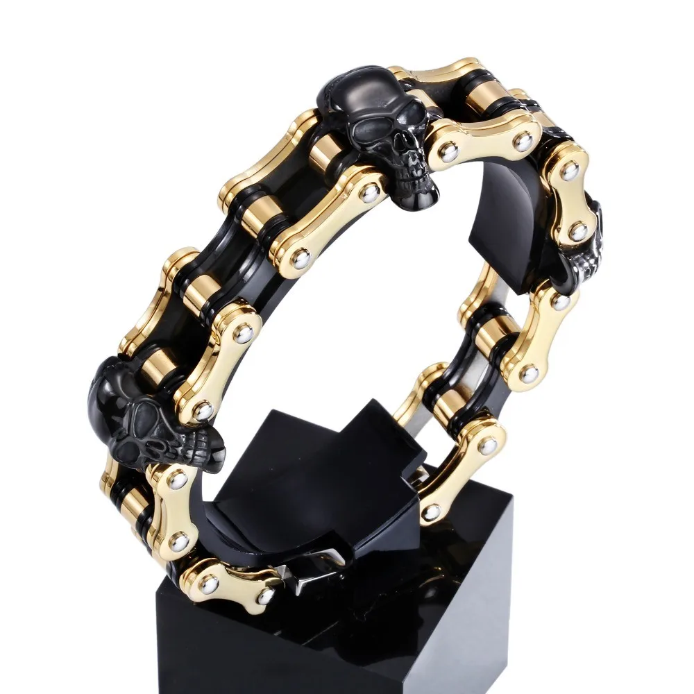High Quality Harley Black & Gold Skeleton Skull Motor Bike Chain