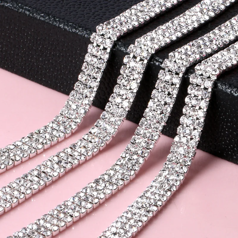 

1 Yard Silver 2MM/3MM 3 Row Rhinestone Trim Crystal Cup Chain for Dress Clothing Jewelry Bags