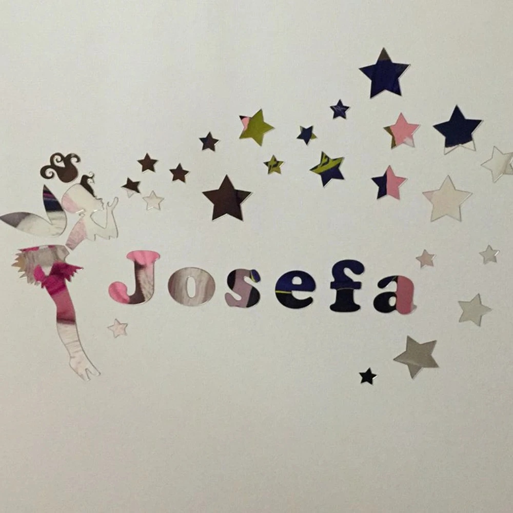 

Cute Fairy Girl with Stars Surround Name Customization Wall Sticker Room Kid's Acrylic Mirror Surface Glistening Gift Home Decor