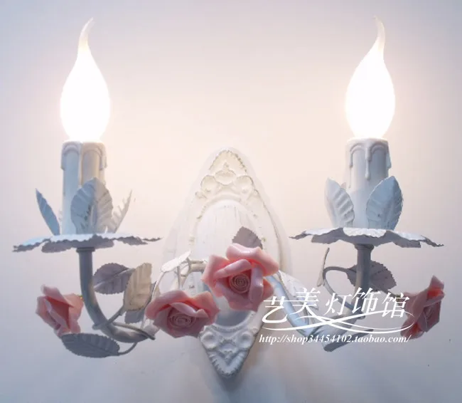

Europe pink flower iron Wall Lamp Candle Princess Double Slider Rose Flower Wall lamp