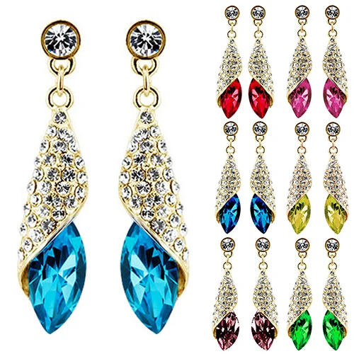 

2013 New 1 Pair Fashion Shining Crystal Rhinestone Teardrop Silver Gold Dangle Drop Earrings for Women Female 02P8