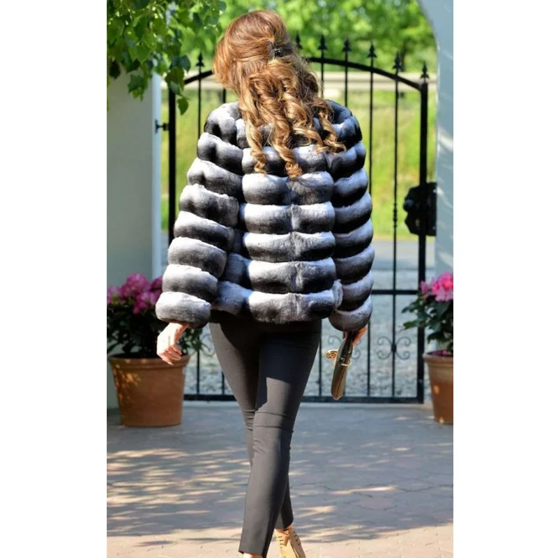 Real Fur With Nature Chinchilla Rex Rabbit Furs Women Fur Coat With Stand Collar Fashion Horizontal Stripes Rabbit Jackets 2018 Real Fur With Nature Chinchilla Rex Rabbit Furs Women Fur Coat With Stand Collar Fashion Horizontal Stripes Rabbit Jackets 2018