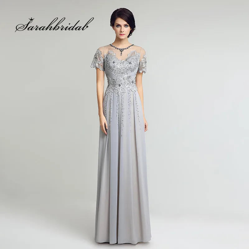 

Vintage Elegant Long Straight Evening Dresses Chiffon Gray Floor Length Beads Prom Formal Gowns Back zip O-Neck Pleats Hot CC225