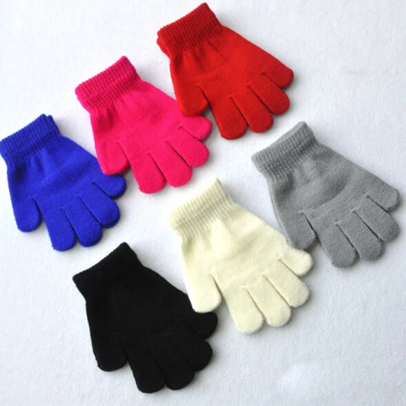Зимние теплые перчатки, детские вязаные эластичные варежки, Детские однотонные перчатки для девочек, перчатки на полный палец, вязаные перчатки для мальчиков и девочек, подарки
