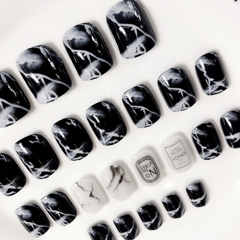 Накладные ногти из черного мрамора, 24 шт., полный охват, французские длинные кончики для ногтей, акриловые накладные ногти, искусственные ногти, дизайн