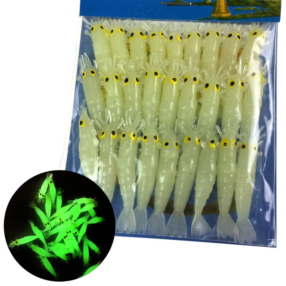 

27pcs Glow Shrimps Soft Lures 4.5cm 1.7in Grub Worms Small Freshwater Lighting Glow in The Dark Red Shrimp Soft Baits