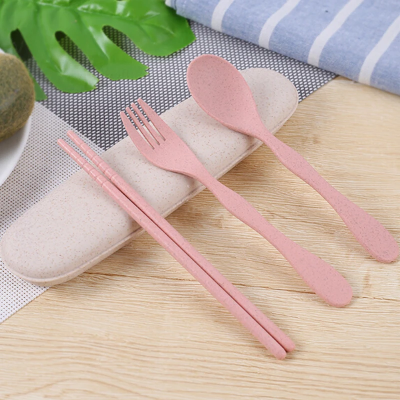 

3Pcs/Set Wheat Straw Cutlery Set Fork Dinner set Food Picks Tableware Case Kit Lightweight Outdoor Portable Dinnerware Set