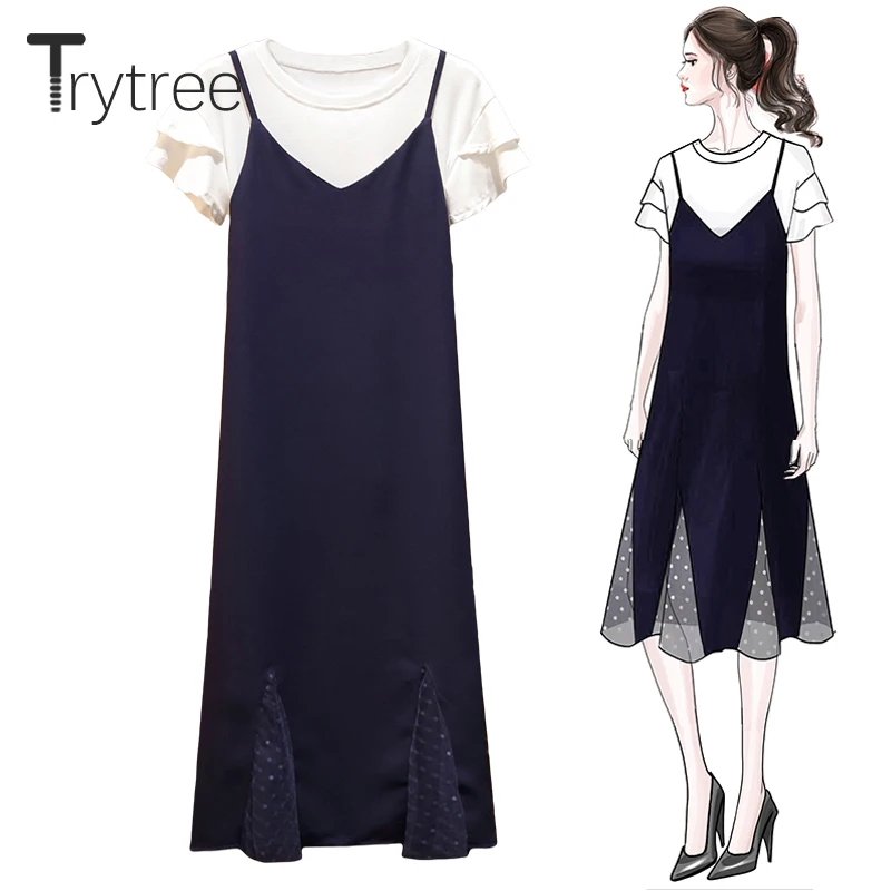 

Trytree Summer Autumn Women two piece set Casual Ruffle Sleeve Tops + Dress Sling Dot Mesh Hem Office Lady Suit Set 2 Piece Set