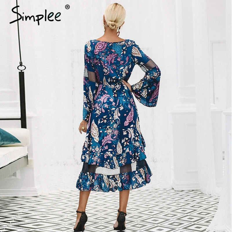 Simplee Ruffles print long dress women Mesh hollow out flare sleeve high waist dresses 2018 Autumn casual elegant dress Simplee Ruffles print long dress women Mesh hollow out flare sleeve high waist dresses 2018 Autumn casual elegant dress