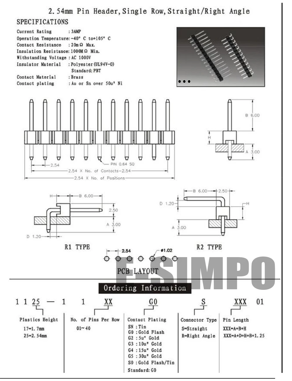 2.54mm 90D Pin header single plastic single row