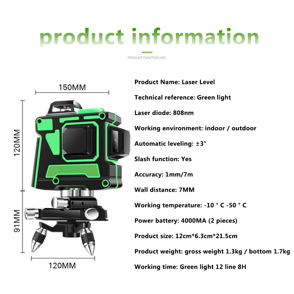 3D 12 Lines Green Laser Level with Wall Bracket 360 Degree Adjust Base Laser Beam Line Horizontal Vertical Cross Laser Lines