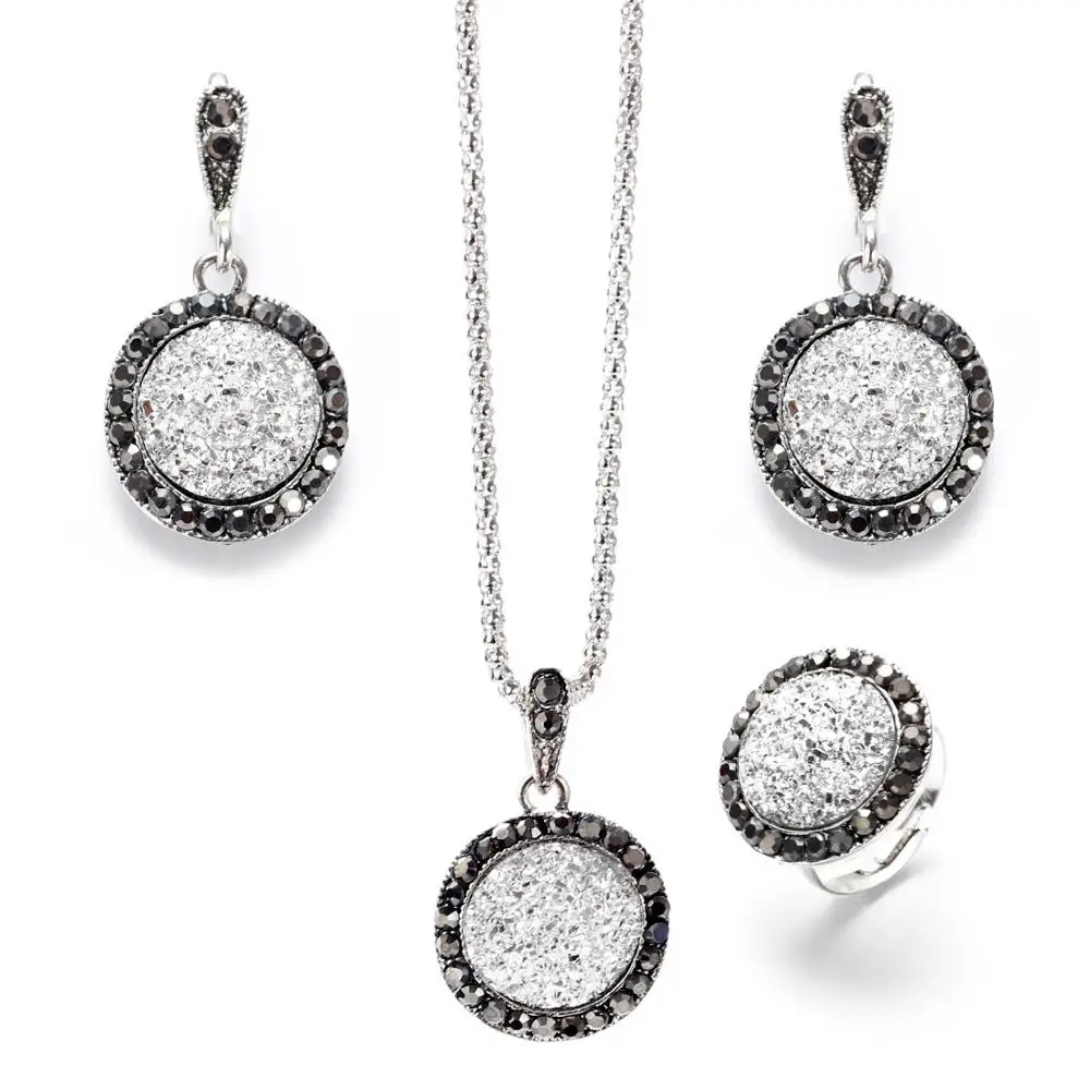 Женский роскошный ювелирный набор с драгоценным камнем, антикварное серебряное ожерелье, серьги, кольцо, набор, Кристальный круглый кулон, массивный ювелирный набор - Окраска металла: 1292