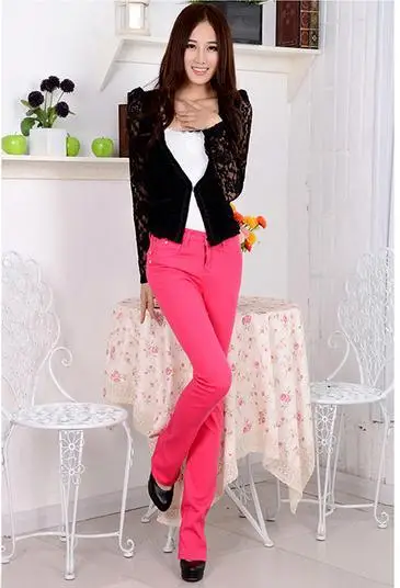 Женские повседневные узкие яркого цвета брюки облегающие обтягивающие Стрейчевые джинсы, 10 цветов слегка расклешенные брюки - Цвет: rose