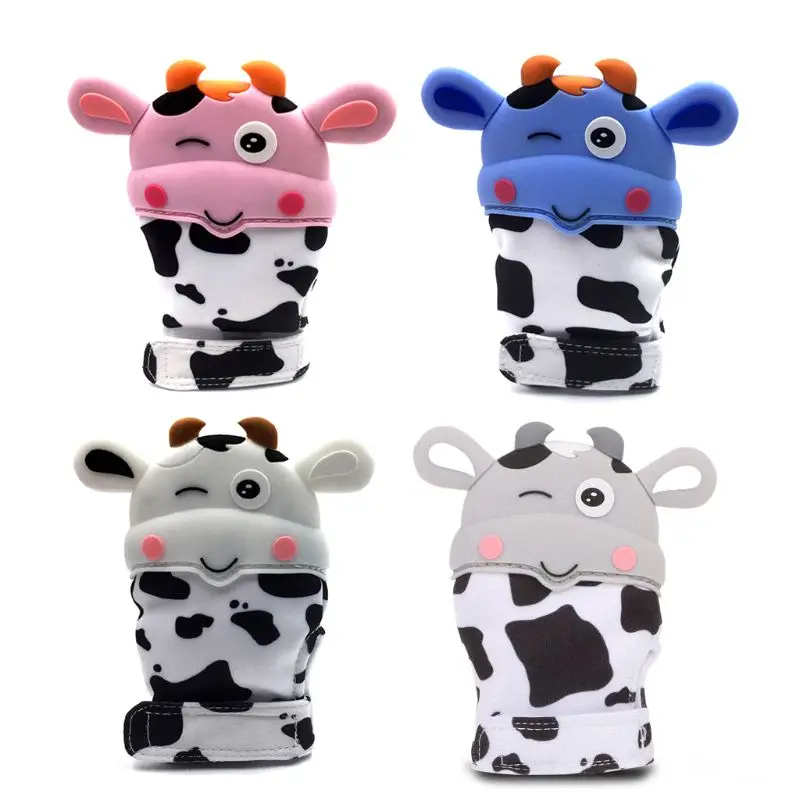 

Baby Pacifier Glove Cute Cow Silicone Teether Newborn Teething Chewable Mittens