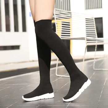 

Over The Knee Women Sock Boots Platform Shoes 2019 Slip Stretch Fabric Flats Low Heel Elastic Thigh Black Fashion Socks Woman