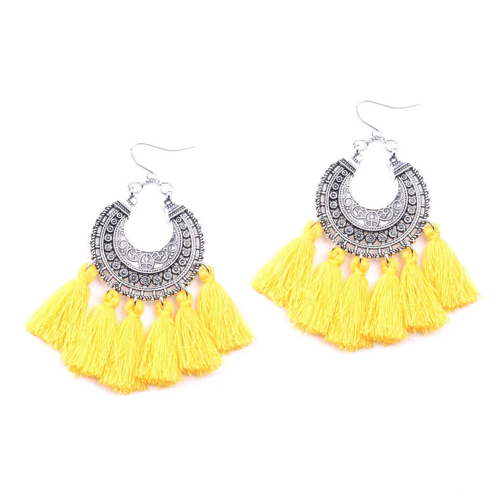 

GET IT GIRL Bohemian Vintage Silver Silk Yellow Tassel Chandelier Earrings for Women Statement Jewelry