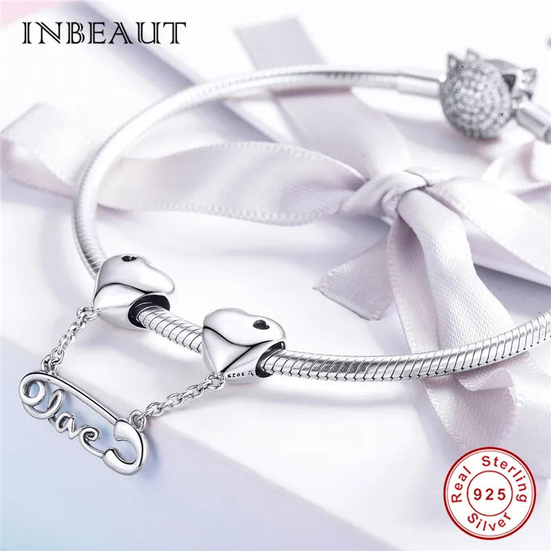 INBEAUT 100% Настоящее серебро 925 пробы любовь буквы резные сердца бусины безопасность