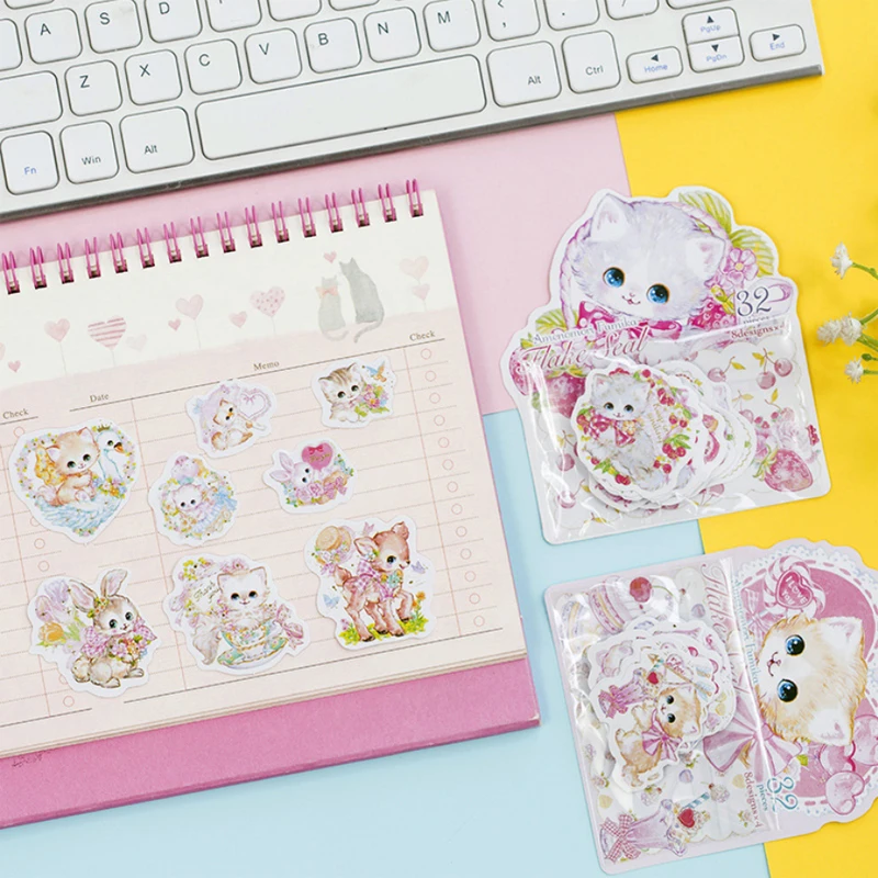 Pacotes Lote Kawaii Gatos Flor Bronzeamento Papel Adesivos Faça Você Mesmo Diário Decoração Scarpbooking Etiqueta 20 - 4 Material escolar e de escritório
