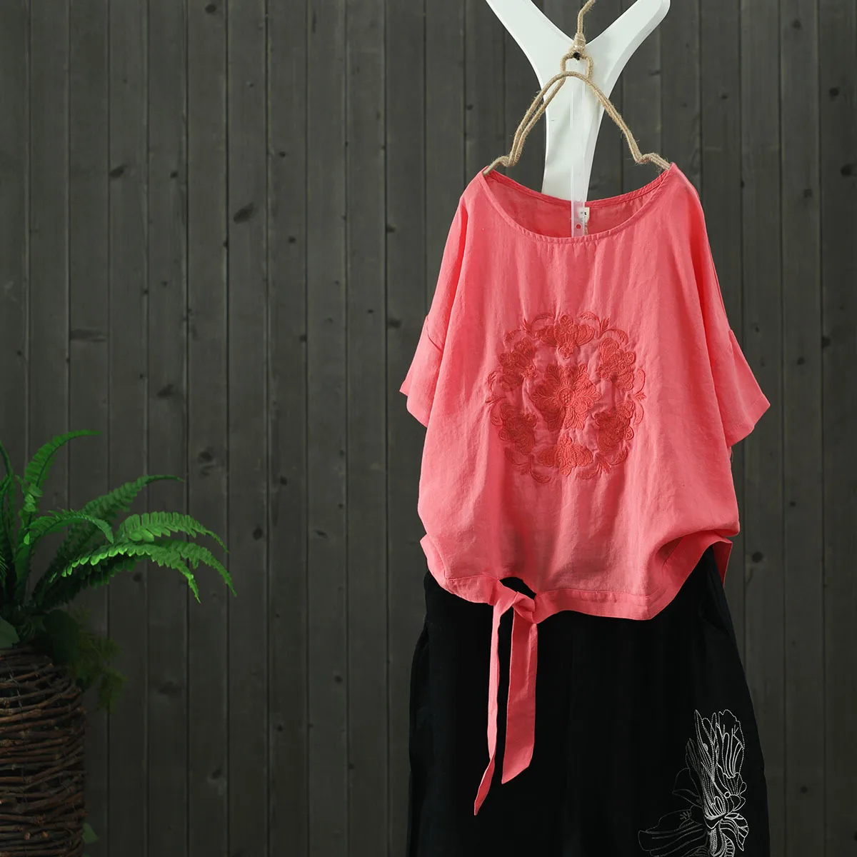 

Brief Simple Style Solid Tee Shirt Femme Tie Bow Hem Summer Clothes Original Cotton Linen Embroidery Ethic T-shirt Loose Tops