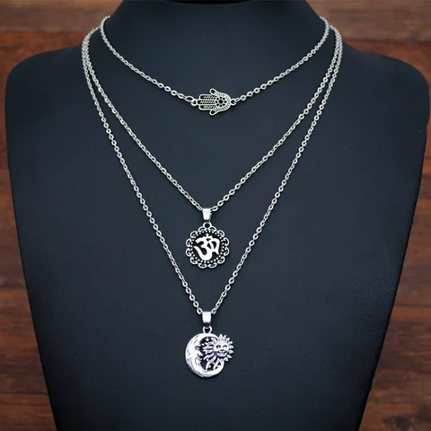Boho Vintage Multilayer Chokers Necklace for Women Chain Fatima Hamsa Hand OM Pendant Necklace Jewelry