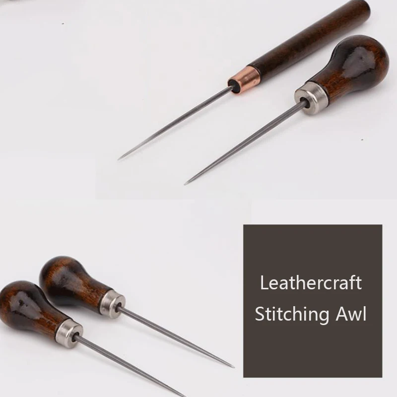 2pcs Leather craft Stitching Awl Round Wooden Handle Cloth Sewing Punch Tool Household Supplies