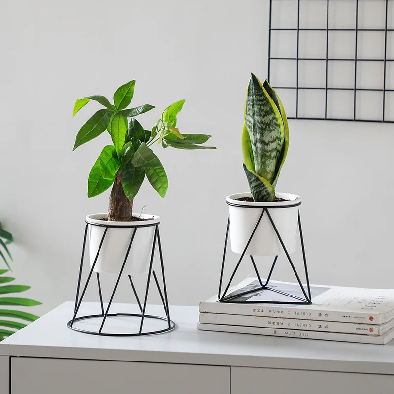 

Two-piece Suit Nordic Style Geometric Iron Rack Holder Metal Stand with Ceramic Planter Desktop Pot for Succulents Plants