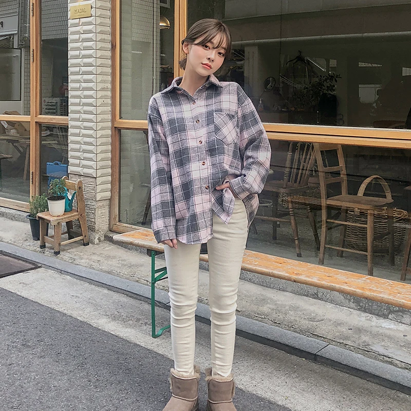 

Ladies Clothing Casual Plaid Lapel Shirt Women's Shirts Clothes Kawaii Ulzzang Vintage Female Punk Harajuku Tunic For Women