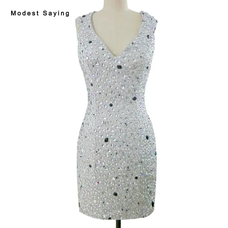 

Real Photo Silver Straight Beaded Short Cocktail Dresses 2017 with Rhinestone Casual Mini Party Prom Gowns robe de cocktail YC4