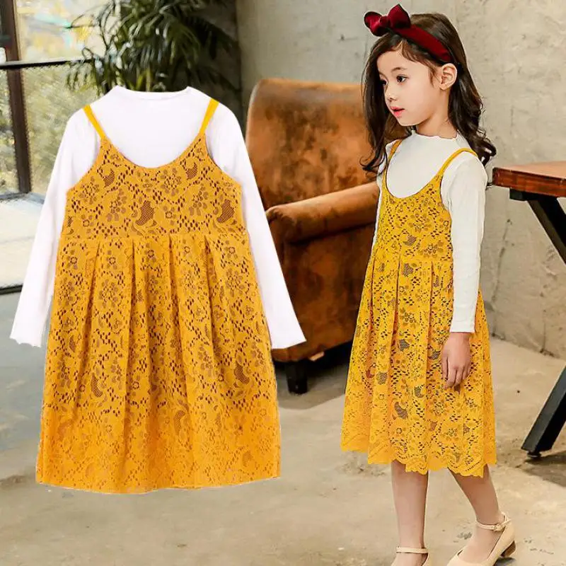 

2018 2pcs Children Girls Clothing Sets Autumn Teenage Girls Clothes School Kids Clothes T-shirts + Sleeveless Lace Dress Costume