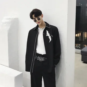 

2018 Spring New Men's Fashion Tide Personality Embroidery Pattern Square Collar Clothes Black Color Long Sleeve Shirt Size M-XL