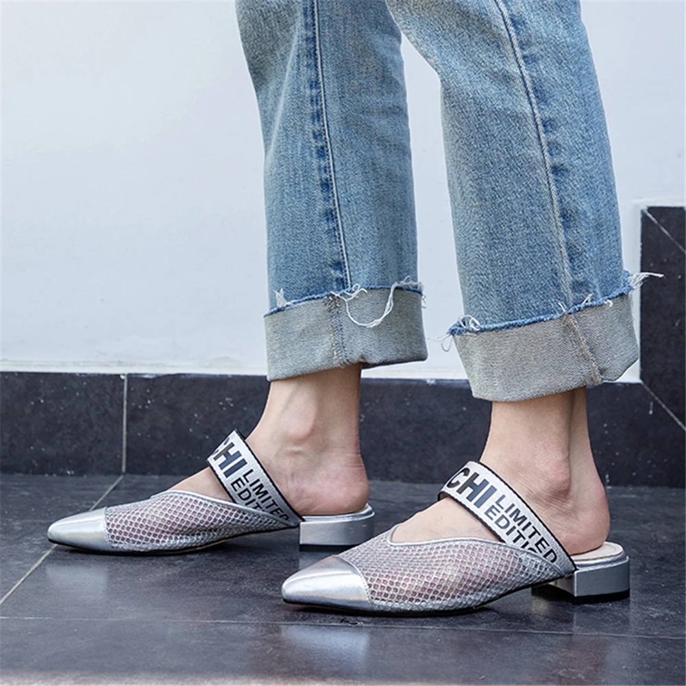 

2019 Brand Summer Mesh Mules Women Pointed Toe Luxury Cow Leather Low Heel Slippers Women Shoes Woman Large Size 33-43